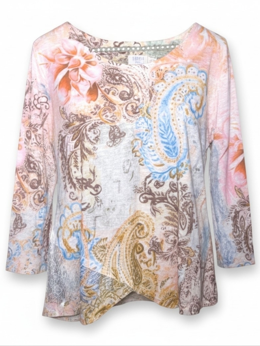 Time and Tru Paisley Floral Tunic Top Women's Large Long Sleeve Sharkbite Hem
